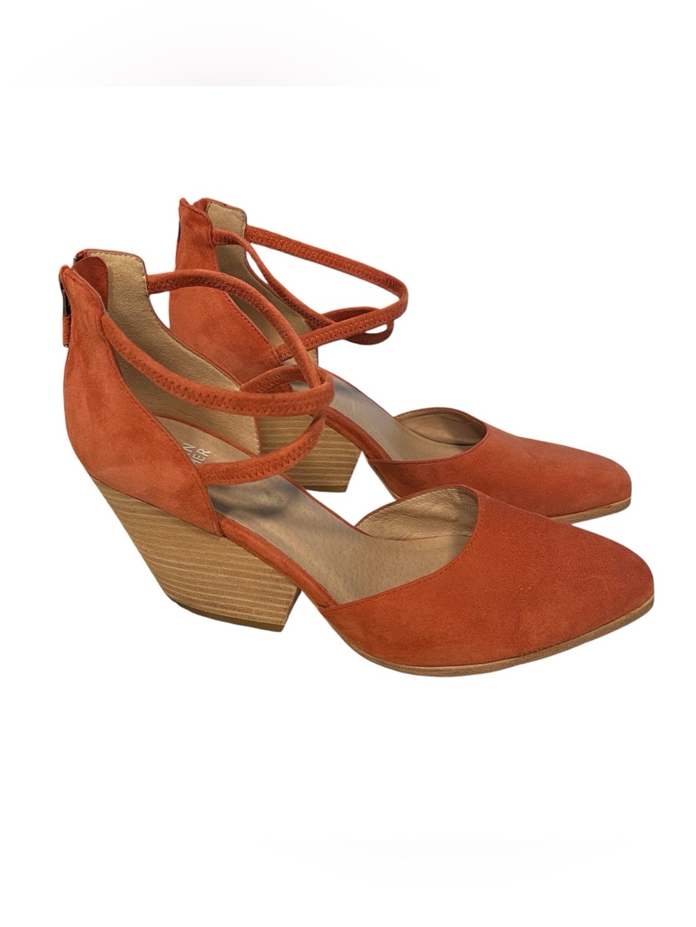 Eileen Fisher Tilda Orange Suede Sz 9 Ankle Strap Zip Stacked Heels EUC